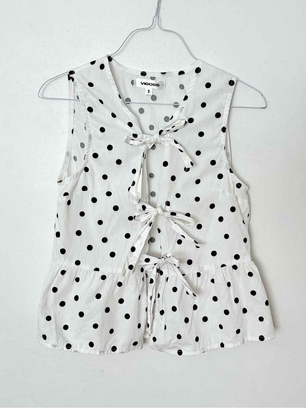 White Polka Dot Tie-Front Sleeveless Top 100% Cotton